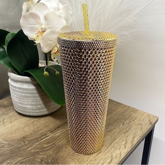 Starbucks Tumbler NWT 2022 Winter Holiday Gold Metallic Chrome Bling Studded - Picture 7 of 7